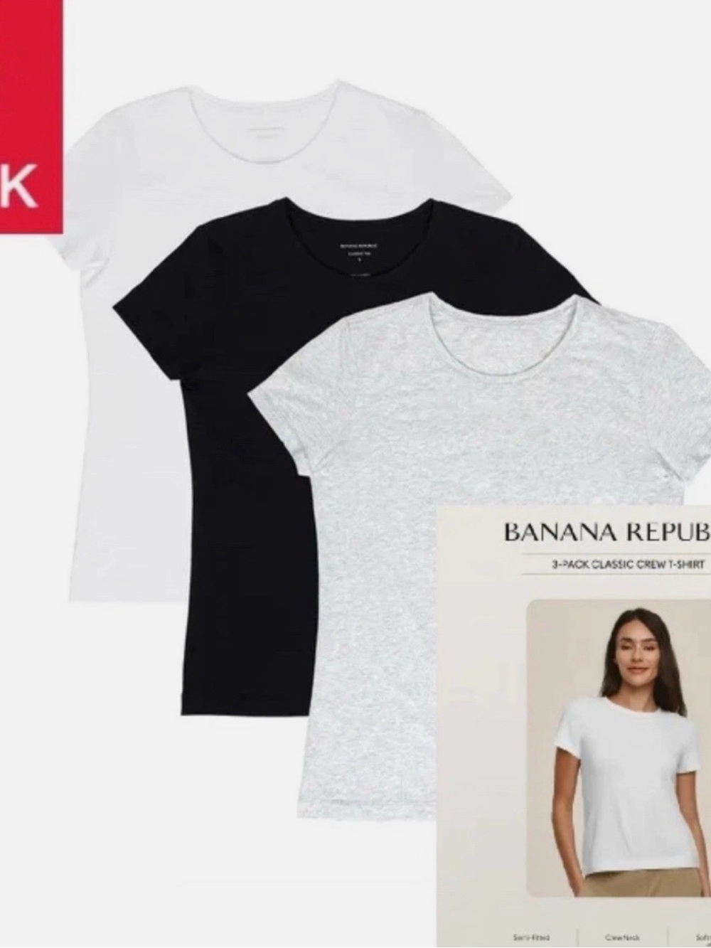 Banana Republic Women's 3-Pack Crew Neck Tees - White, Black, Light Gray